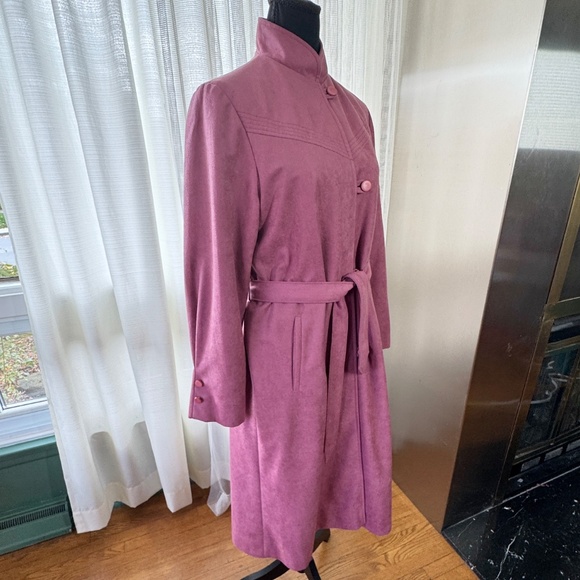 Vintage 80s mauve pink fall coat, faux suede, assorted tie belt, Niccolini, 8/10 - Picture 3 of 14